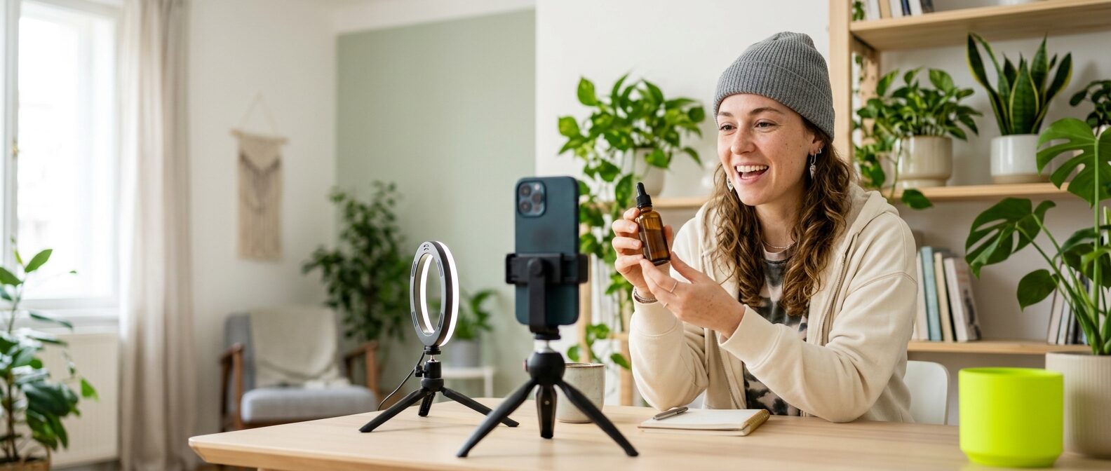 Creatorin hält im Livestream ein Pflegeprodukt in die Handykamera